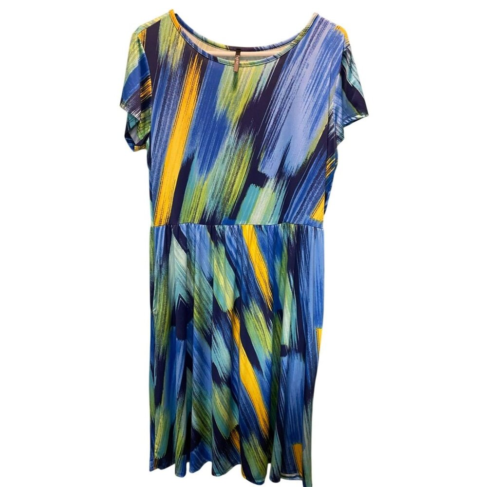 Blue Green Yellow Jupee Short Sleeve Abstract Print Silky Dress